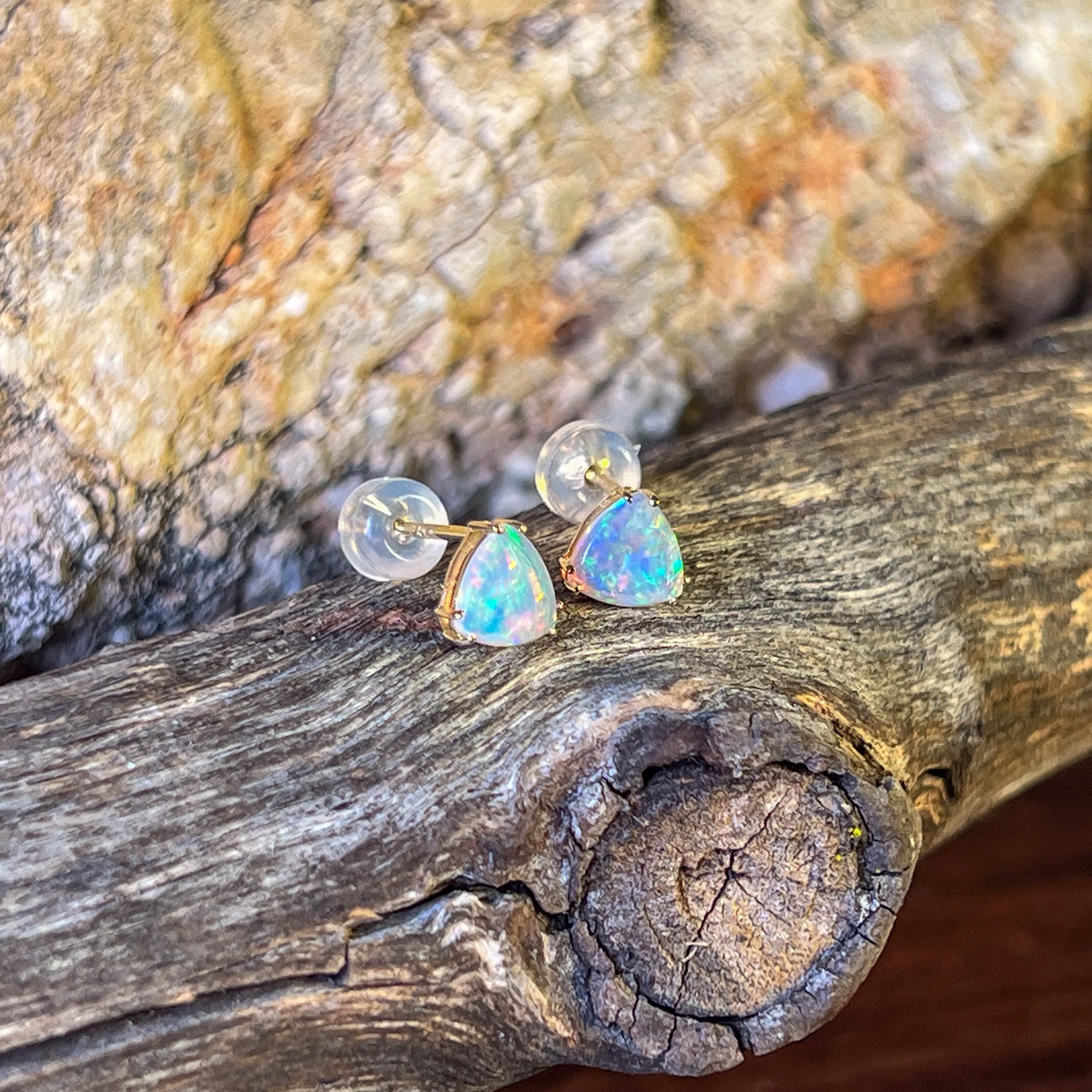 14kt Yellow Gold pair of Trillion cut Crystal Opals 0.83ct studs