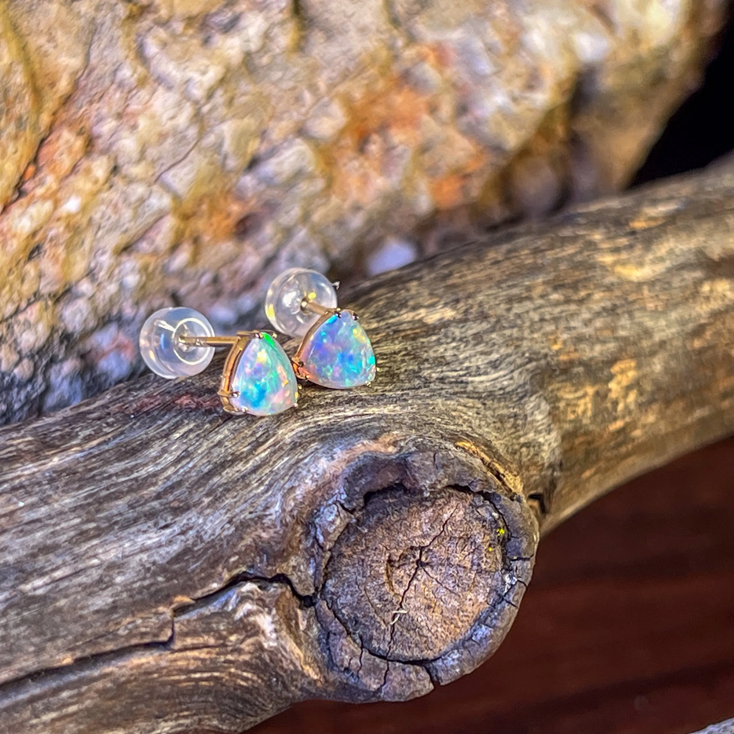 14kt Yellow Gold pair of Trillion cut Crystal Opals 0.83ct studs