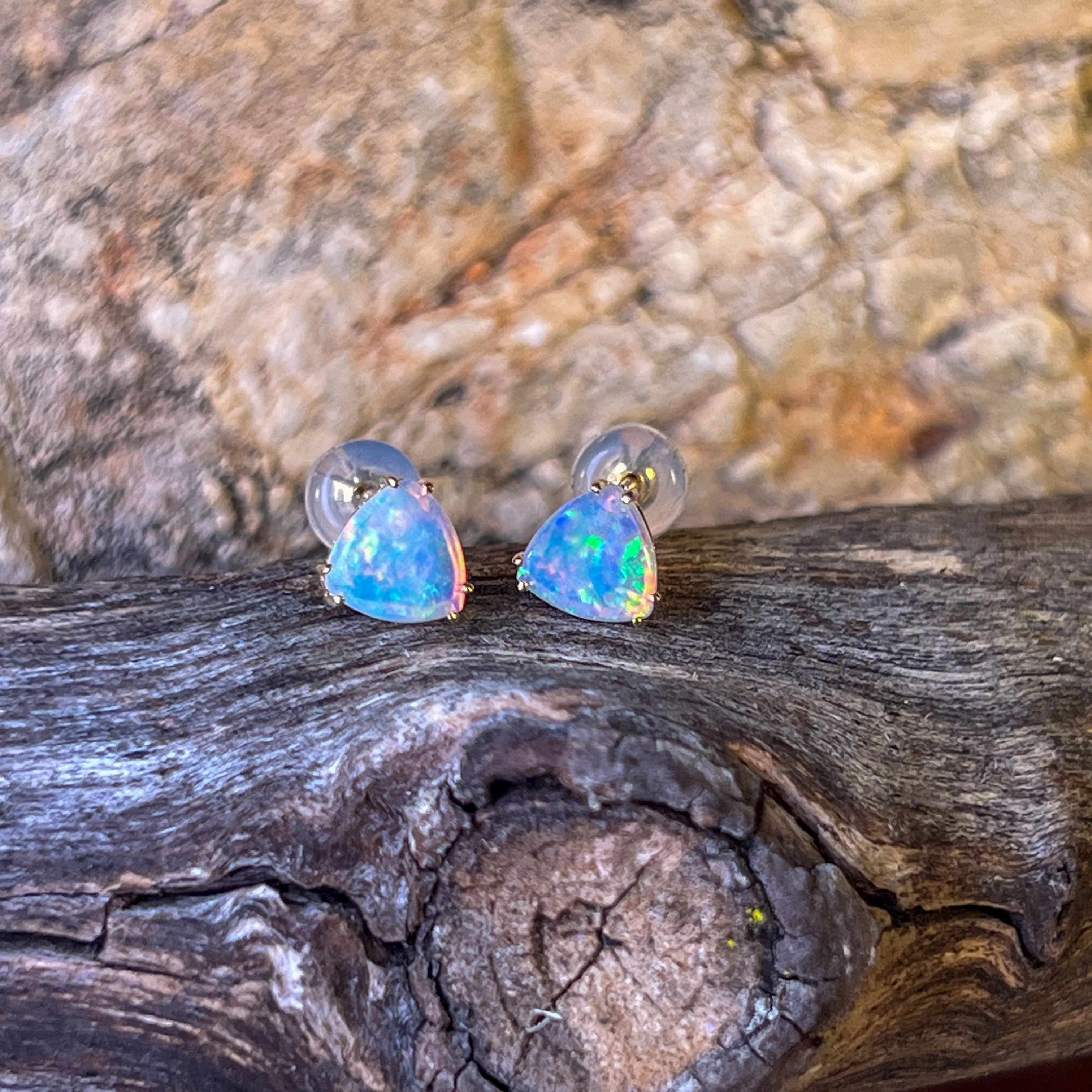 14kt Yellow Gold pair of Trillion cut Crystal Opals 0.83ct studs