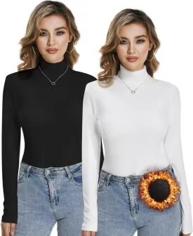 2/3 Pack Women Long Sleeve Thermal Turtle Neck Shirts Double-Sided Fleece Lined Turtleneck Base Layer Sweater Tops