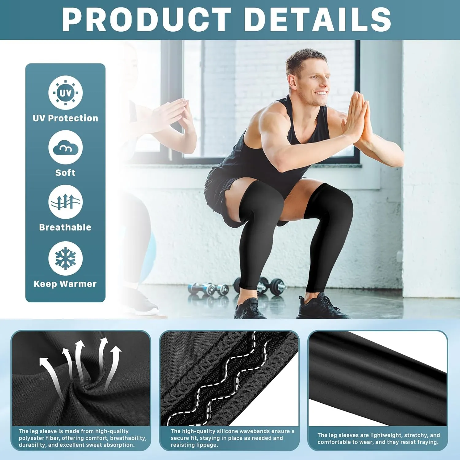 3 Pairs Compression Leg Sleeves,Compression UV Leg Sleeve,Full Length Leg Sleeve for Sports Cycling,Black,Grey,White