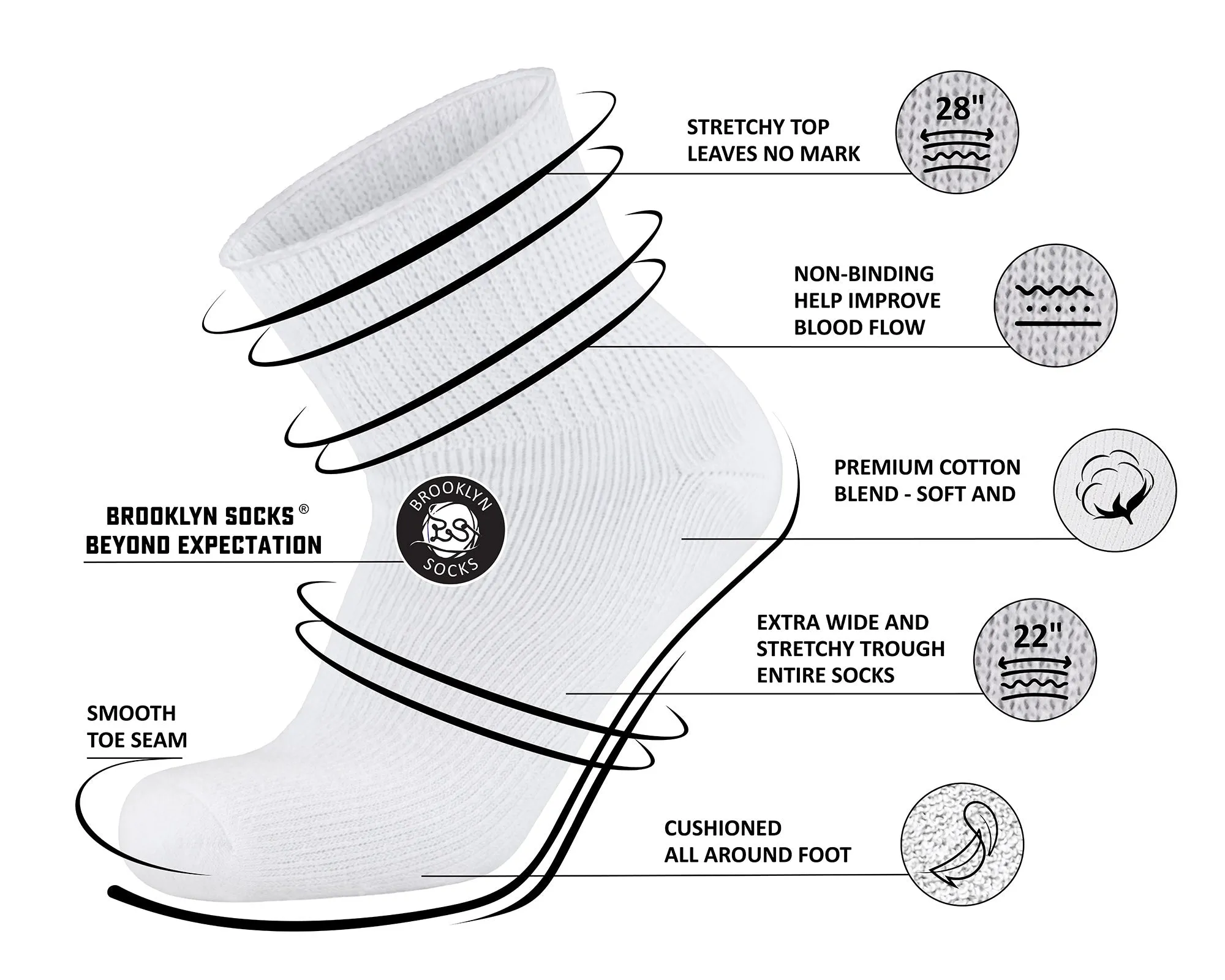 4 pairs Extra Wide Diabetic Cotton Socks, Quarter/Over-the-Ankle Medical Swollen Feet Socks (White, 10-16)