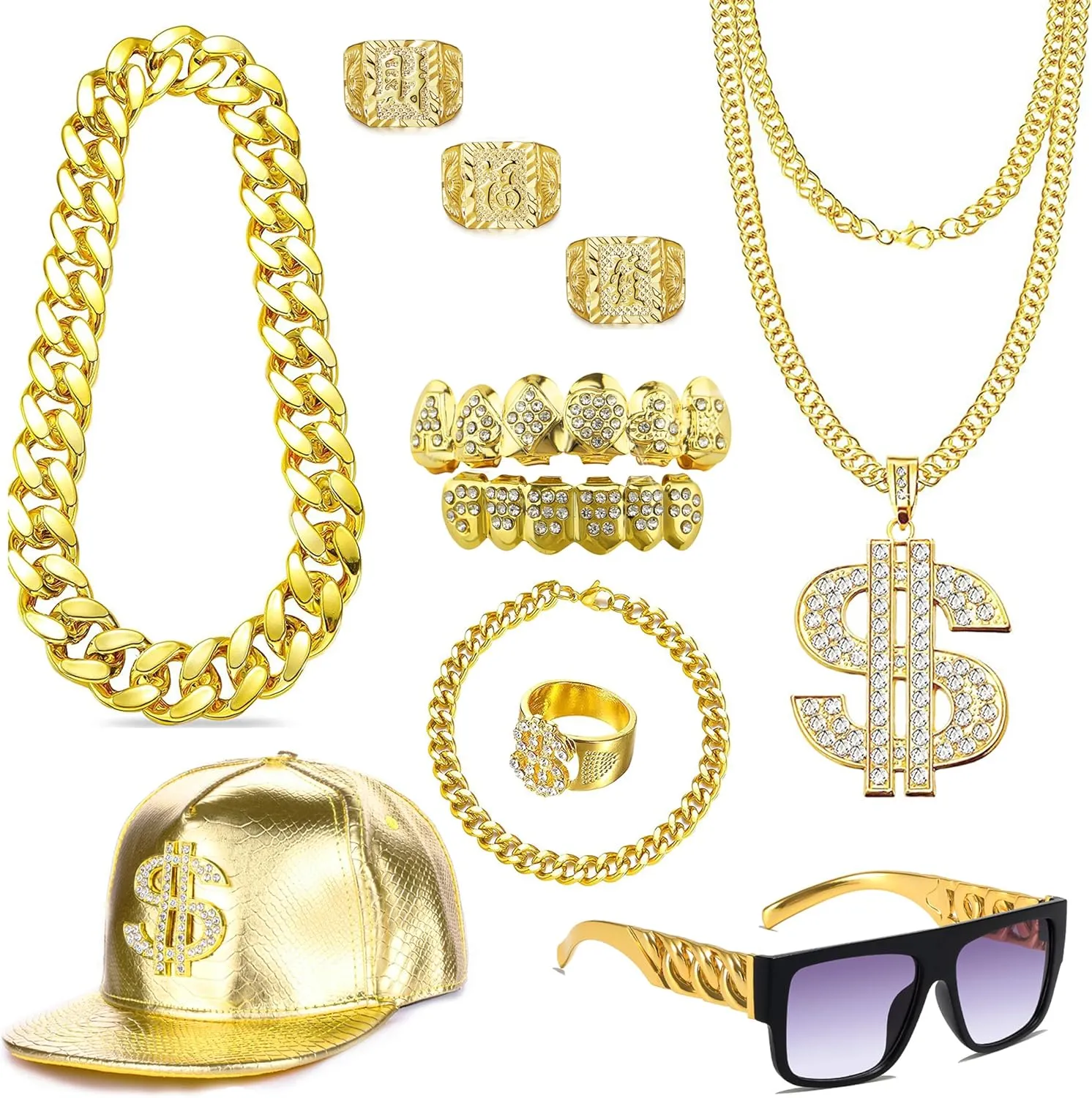 80 90s Hip Hop Costume Outfit Kit Fake Gold Chain Dollar Sign Cap CZ Grillz Teeth Rapper Accessories Set