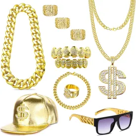 80 90s Hip Hop Costume Outfit Kit Fake Gold Chain Dollar Sign Cap CZ Grillz Teeth Rapper Accessories Set