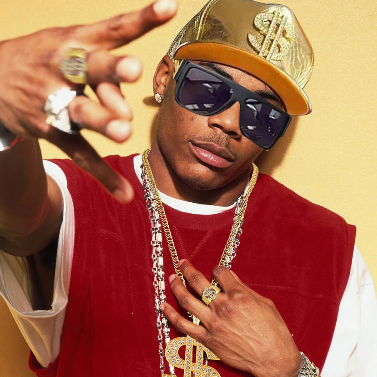 80 90s Hip Hop Costume Outfit Kit Fake Gold Chain Dollar Sign Cap CZ Grillz Teeth Rapper Accessories Set