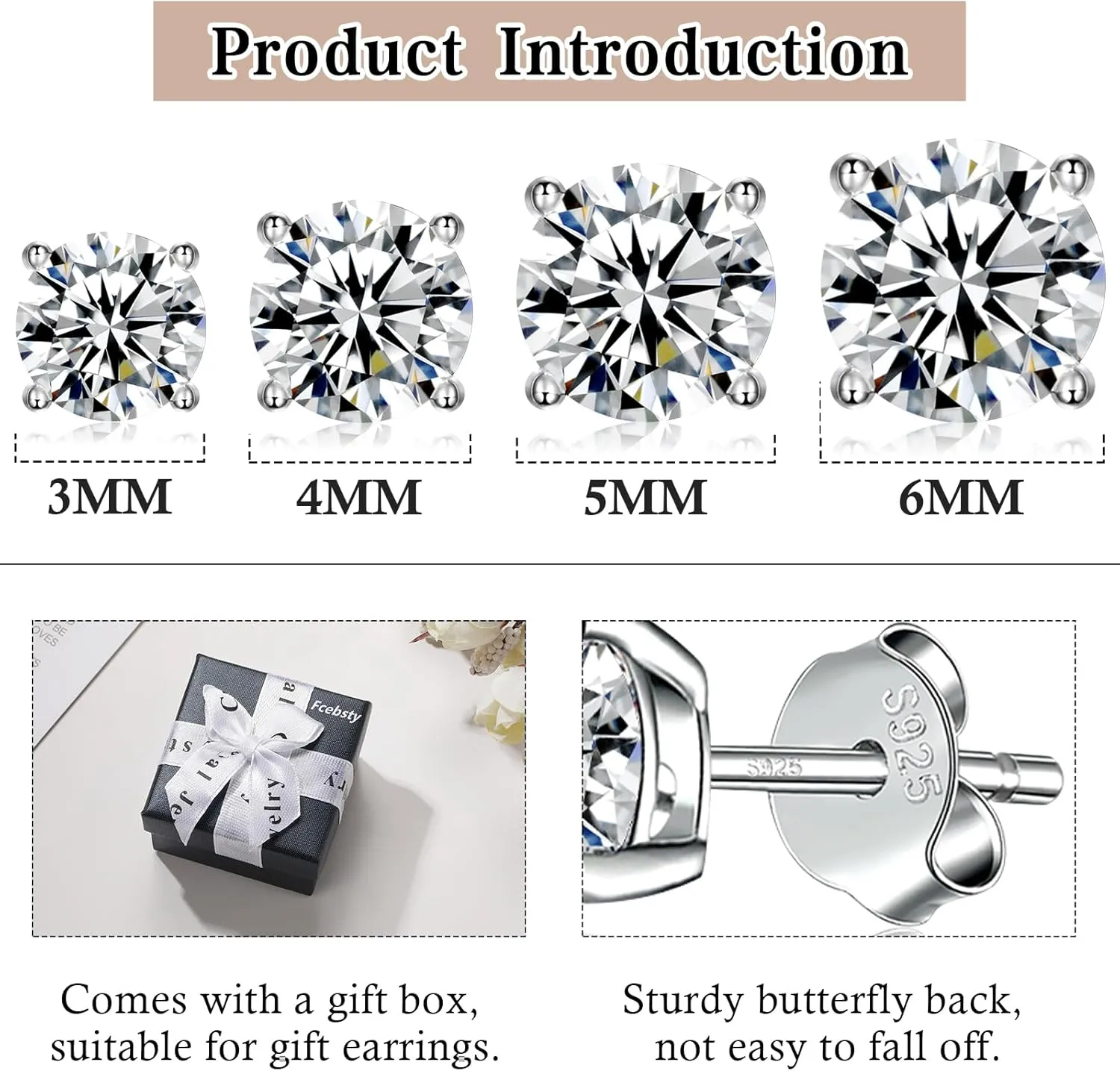 925 Sterling Silver Stud earrings Set | White Gold Plated Hypoallergenic Stud Earrings | Cubic Zirconia Stud Earrings for Women (2mm,3mm,4mm,5mm,6mm,7mm) 8 CZ colors options