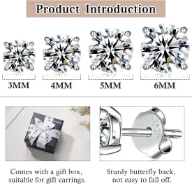 925 Sterling Silver Stud earrings Set | White Gold Plated Hypoallergenic Stud Earrings | Cubic Zirconia Stud Earrings for Women (2mm,3mm,4mm,5mm,6mm,7mm) 8 CZ colors options