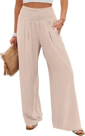 ANRABESS Women Palazzo Pants Summer Flowy Wide Leg High Waist Lounge Trousers with Pockets 2025 Casual Beach Vacation Outfits