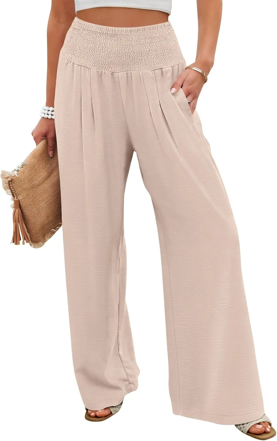 ANRABESS Women Palazzo Pants Summer Flowy Wide Leg High Waist Lounge Trousers with Pockets 2025 Casual Beach Vacation Outfits