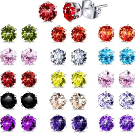 Boao 15 Pairs Stainless Steel Stud Earrings for Women Birthstone Hypoallergenic Cubic Zirconia Stud Earrings Set