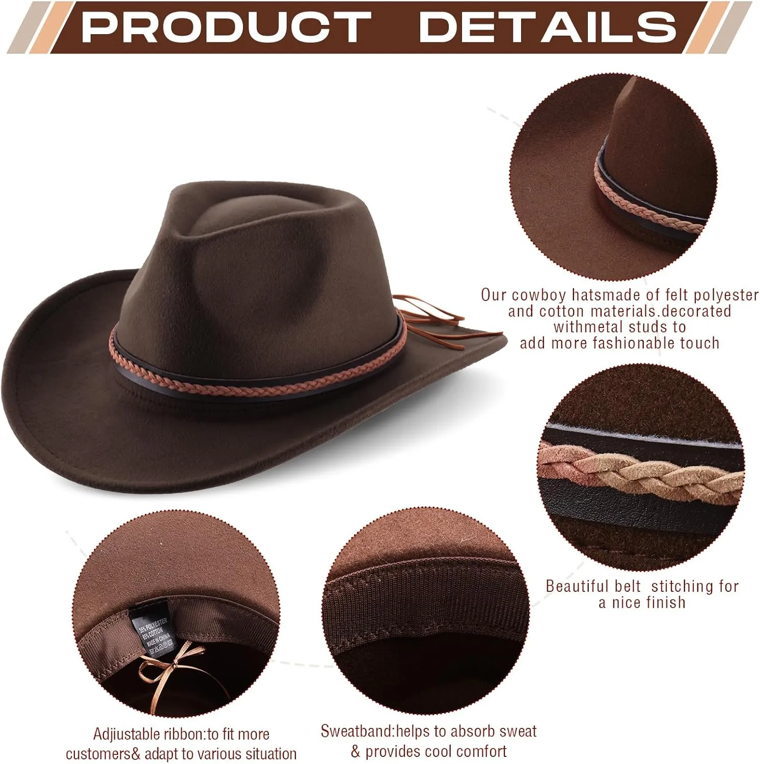 Chuarry 4 Pcs Women Men Felt Western Cowboy Hats Wide Brim Cowgirl Hats Panama Hat for Adults Costume Outdoor