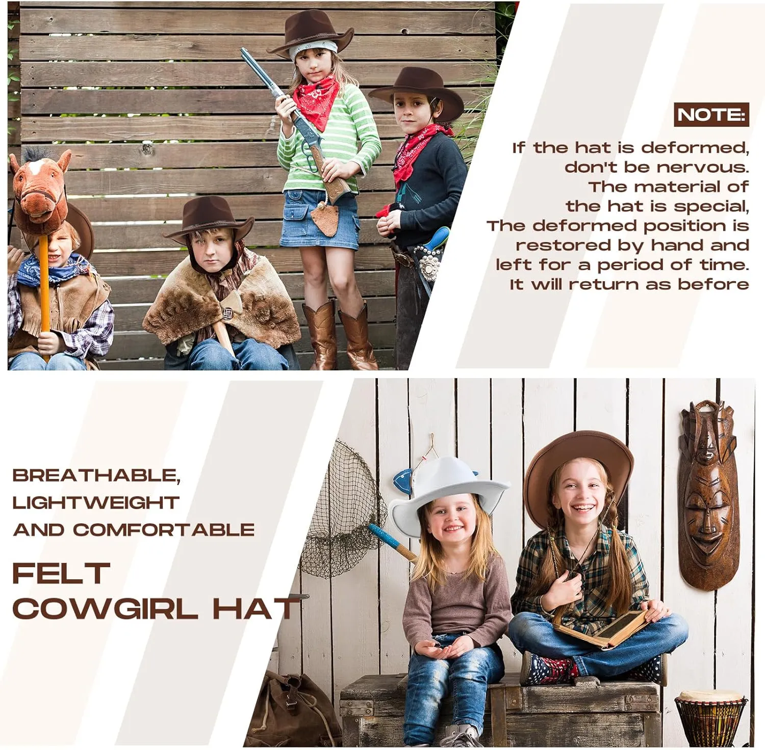 Chuarry 4 Pcs Women Men Felt Western Cowboy Hats Wide Brim Cowgirl Hats Panama Hat for Adults Costume Outdoor