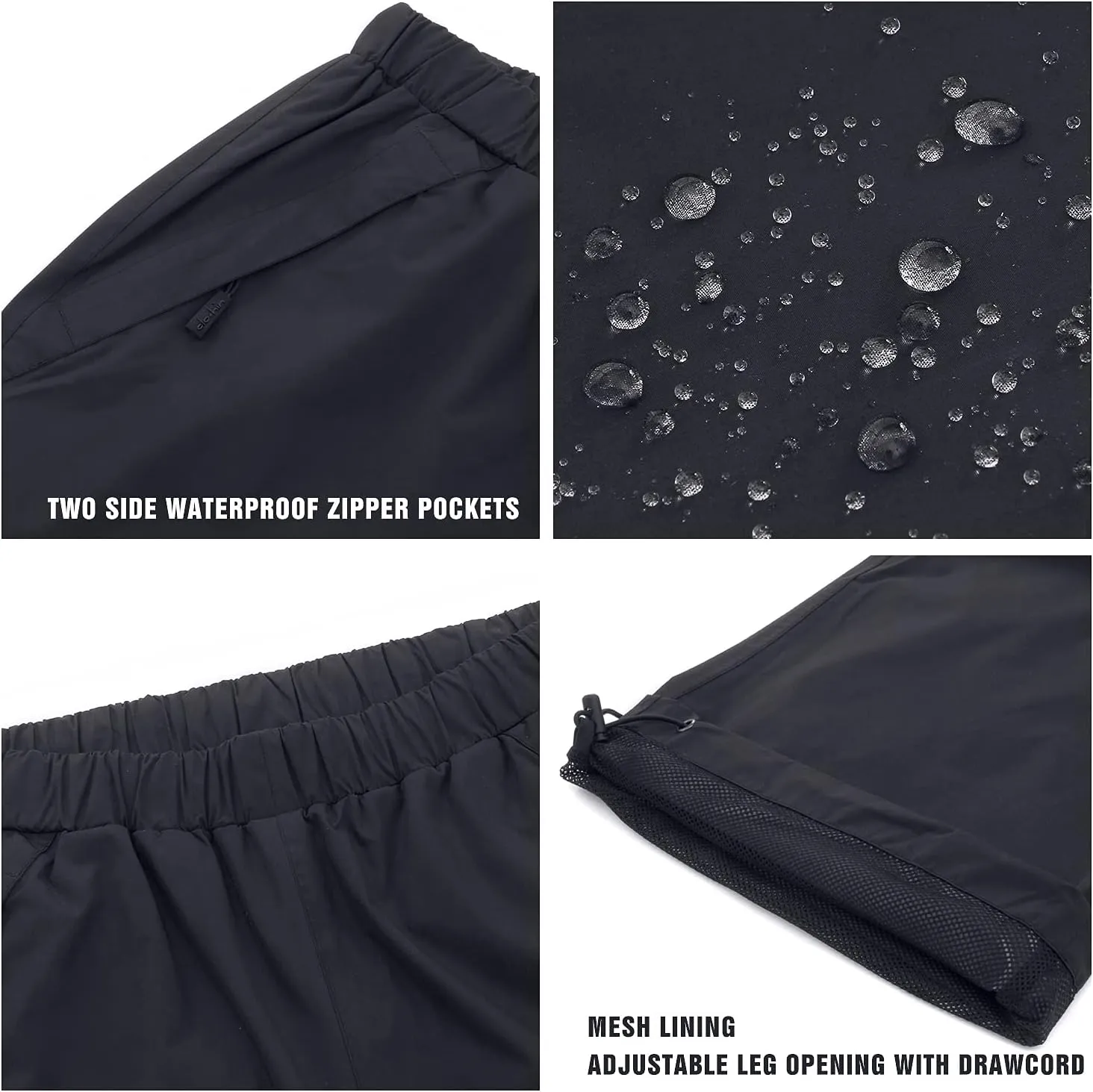 clothin Men's Waterproof Rain Pants Elastic Waist Drawstring Insulated Ski Pants with Zipper Pockets