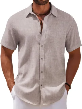 COOFANDY Mens Casual Summer Beach Shirt Short Sleeve Button Down Shirt Vacation Wedding Shirt Linen Textured Shirts