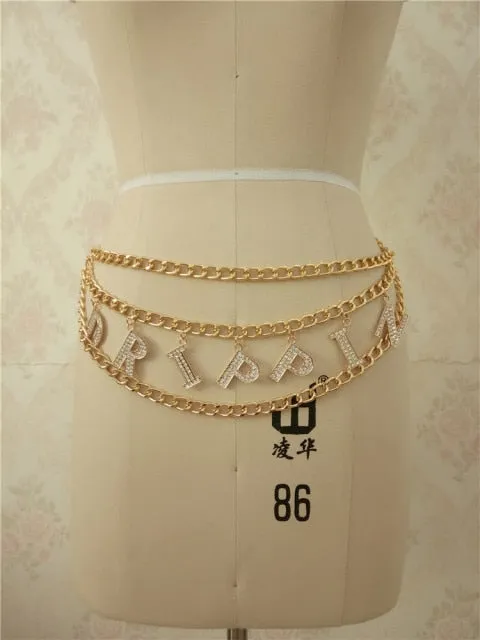 Crystal Letter Waist Chain | Custom Belly Chain | Custom Name Waist Chain | Metal Chain Belt | Women Thong Body Chain | Custom Belly Jewelry
