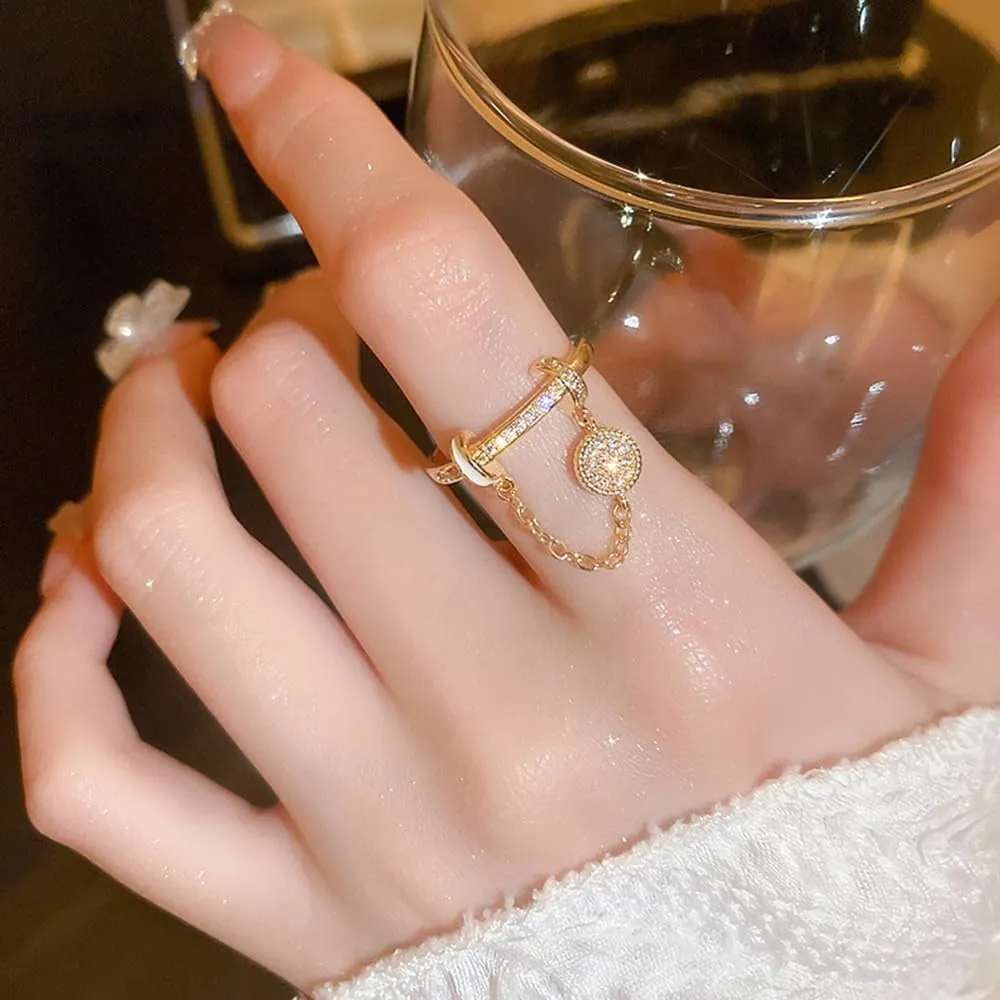 CZ Round Chain Promise Statement Ring for Women Silver Gold Plated Dainty Crystal Disc Tassel Dangle Drop Open Wrap Finger Rings Adjustable Comfort Fit Fashion Wedding Birthday Holiday Jewelry