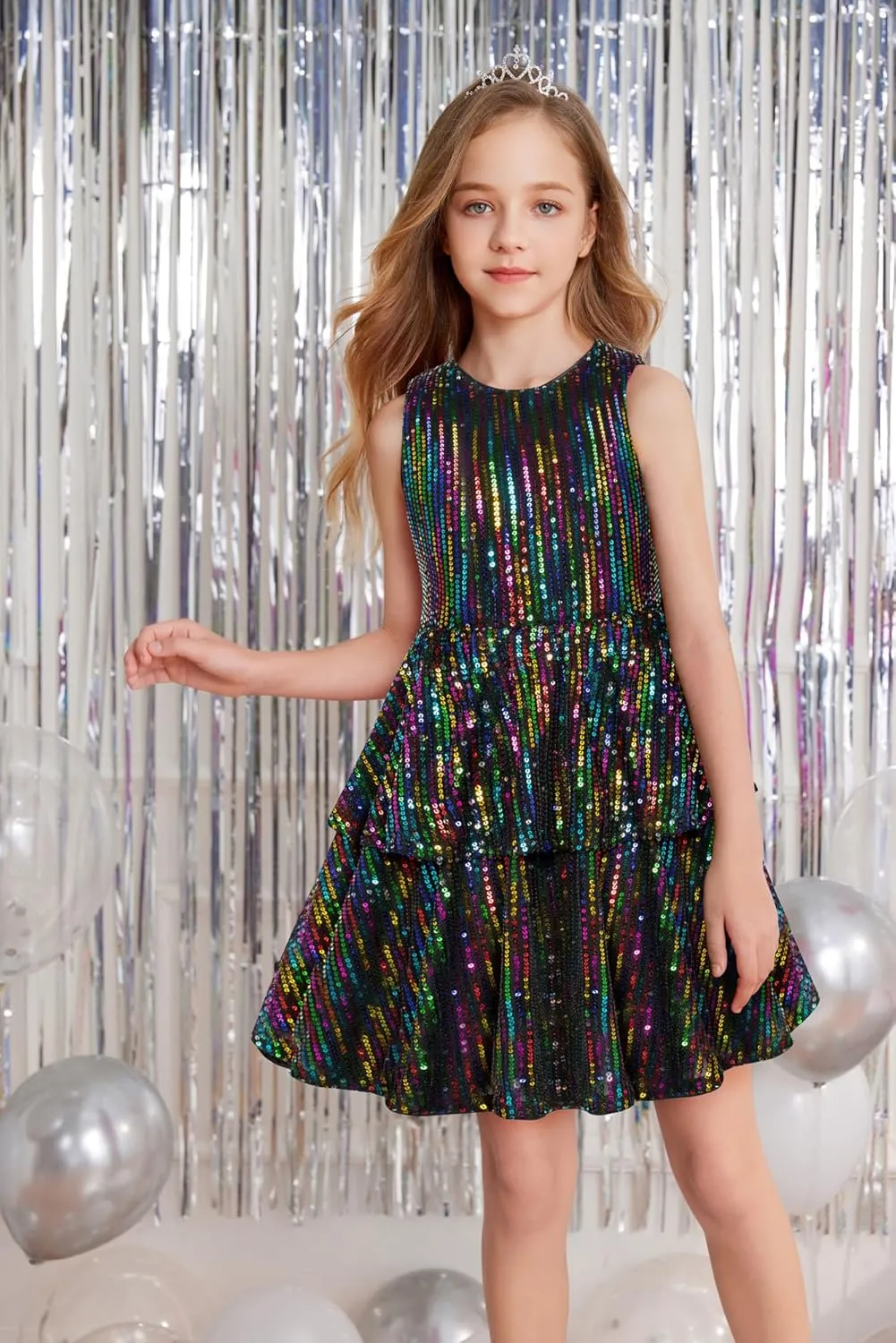 Danna Belle Girls Sequin Dress Sleeveless Party Birthday Dual-Layer Dresses 5-14