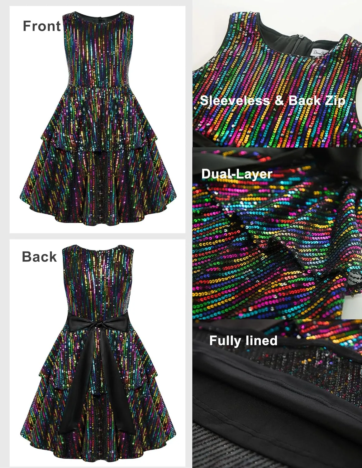 Danna Belle Girls Sequin Dress Sleeveless Party Birthday Dual-Layer Dresses 5-14