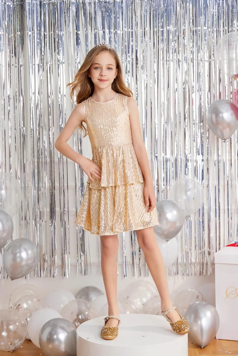 Danna Belle Girls Sequin Dress Sleeveless Party Birthday Dual-Layer Dresses 5-14