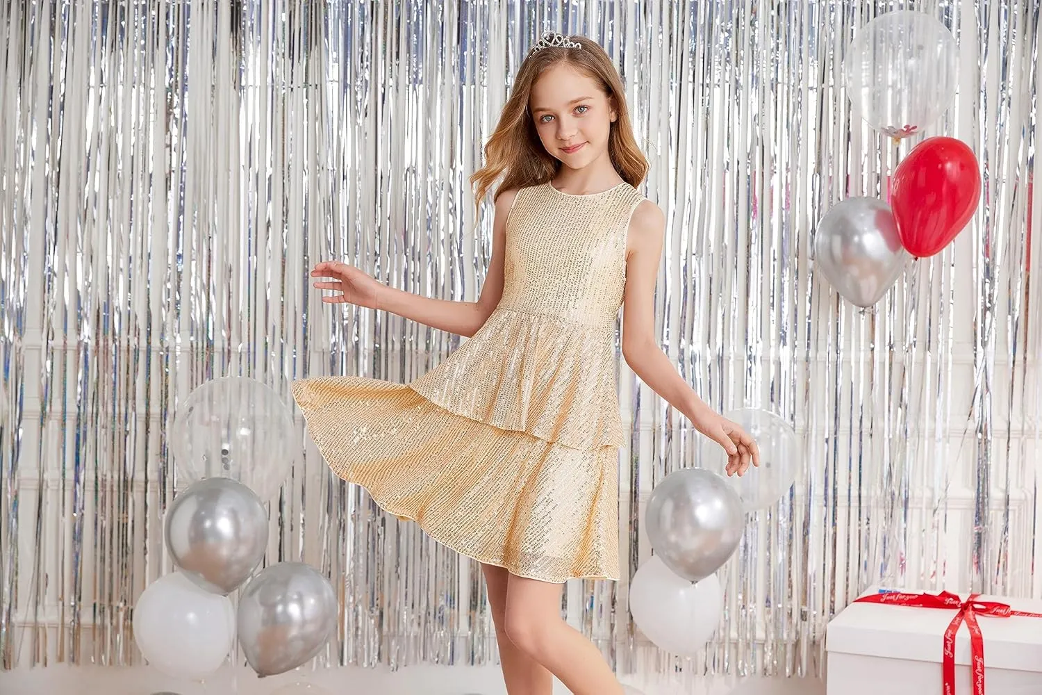 Danna Belle Girls Sequin Dress Sleeveless Party Birthday Dual-Layer Dresses 5-14