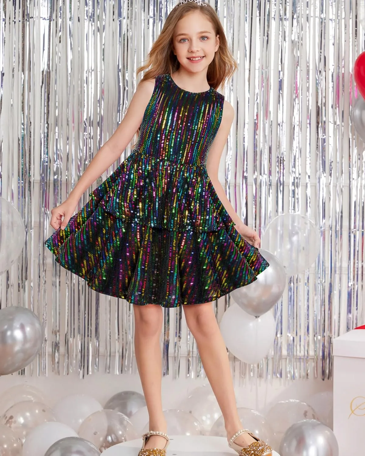 Danna Belle Girls Sequin Dress Sleeveless Party Birthday Dual-Layer Dresses 5-14