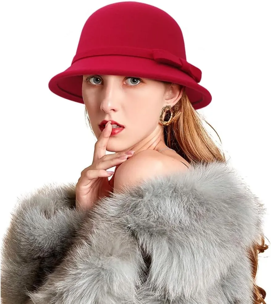 Felt Cloche Hat for Women Bowknot Fedora Bucket Hat 1920s Vintage Bowler Hats