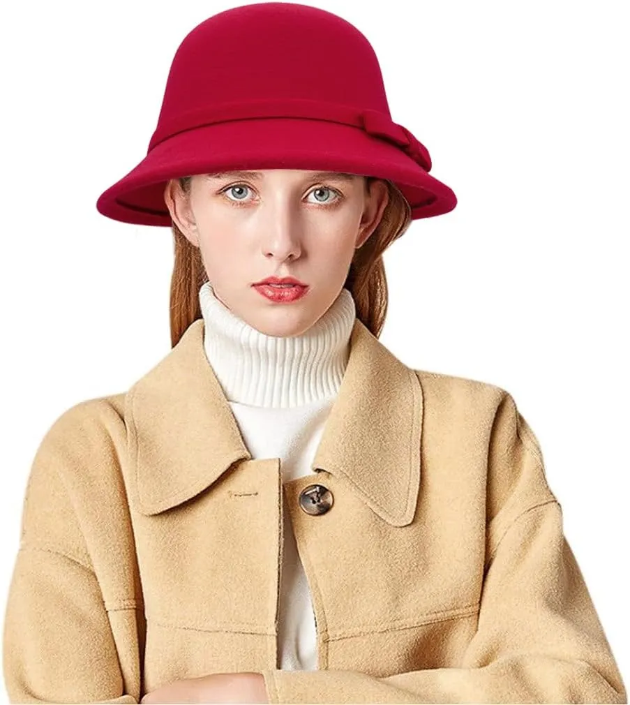 Felt Cloche Hat for Women Bowknot Fedora Bucket Hat 1920s Vintage Bowler Hats