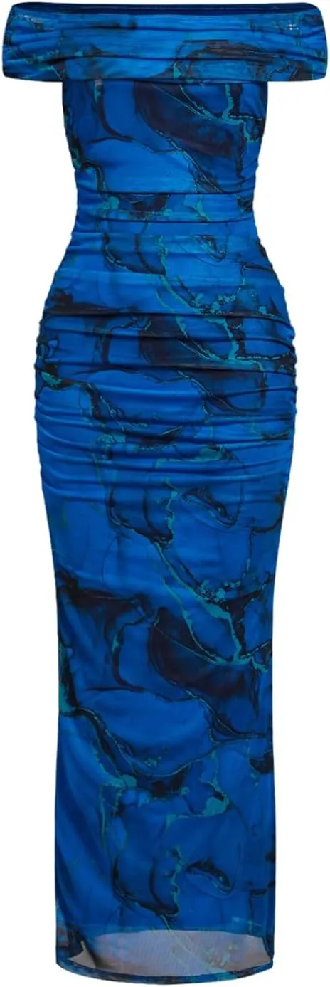 Floerns Women's Floral Print Off Shoulder Short Sleeve Ruched Bodycon Long Dress