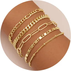 Gold Bracelets for Women Trendy,14K Real Gold Plated Dainty Stackable Paperclip Cuban Link Chain Bracelets,Cuff Bracelets Jewelry Set Adjustable 7" 2"