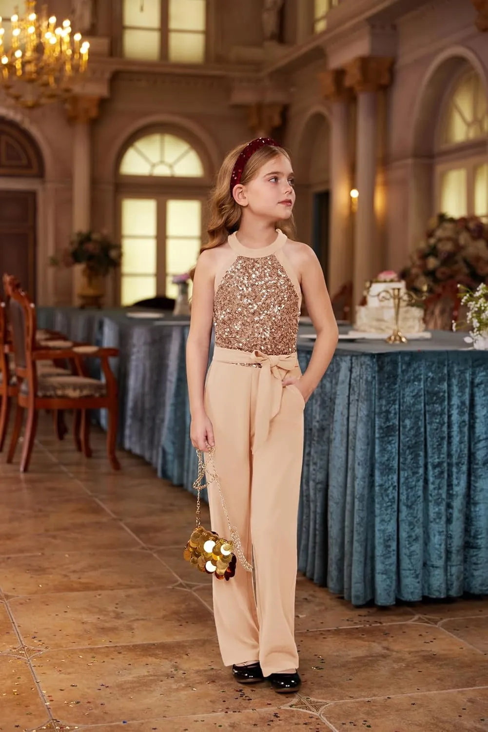 GRACE KARIN Girls Jumpsuit Tween Sequin Trendy Party Halter Shinny Dance Formal Romper Bodysuit 6-12