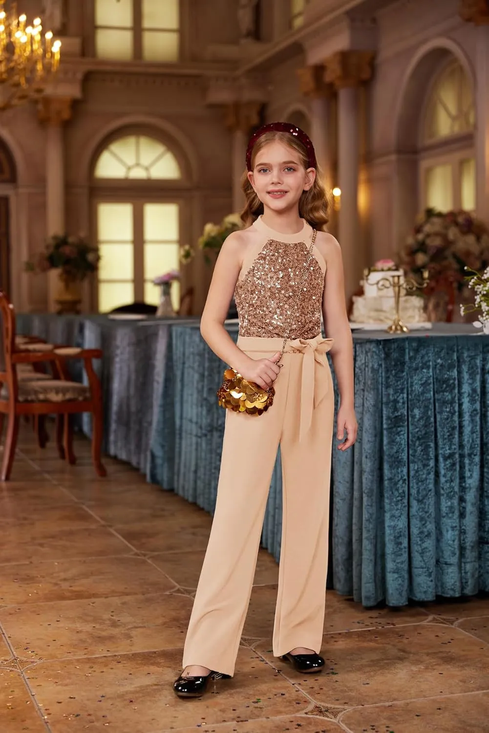 GRACE KARIN Girls Jumpsuit Tween Sequin Trendy Party Halter Shinny Dance Formal Romper Bodysuit 6-12
