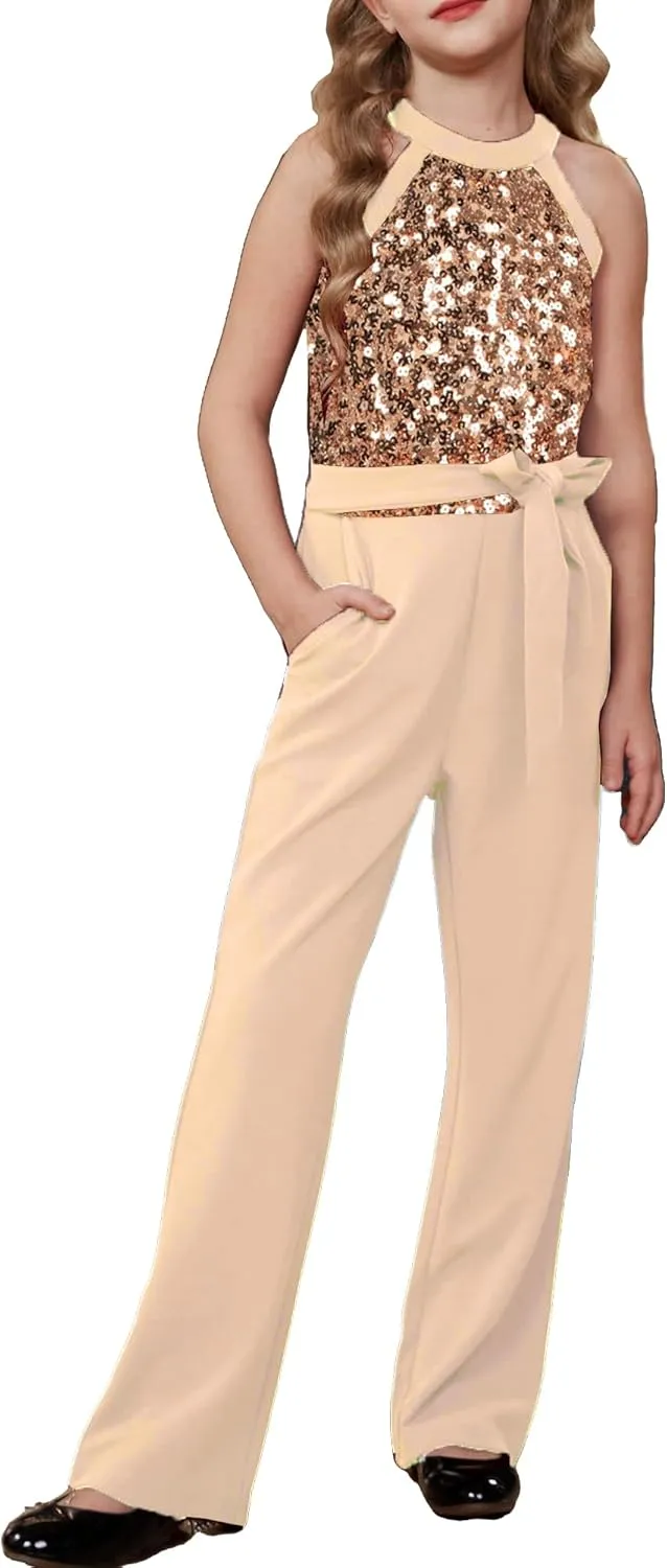 GRACE KARIN Girls Jumpsuit Tween Sequin Trendy Party Halter Shinny Dance Formal Romper Bodysuit 6-12