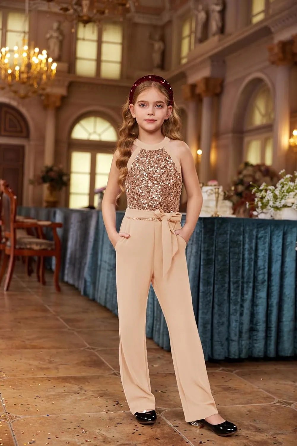 GRACE KARIN Girls Jumpsuit Tween Sequin Trendy Party Halter Shinny Dance Formal Romper Bodysuit 6-12