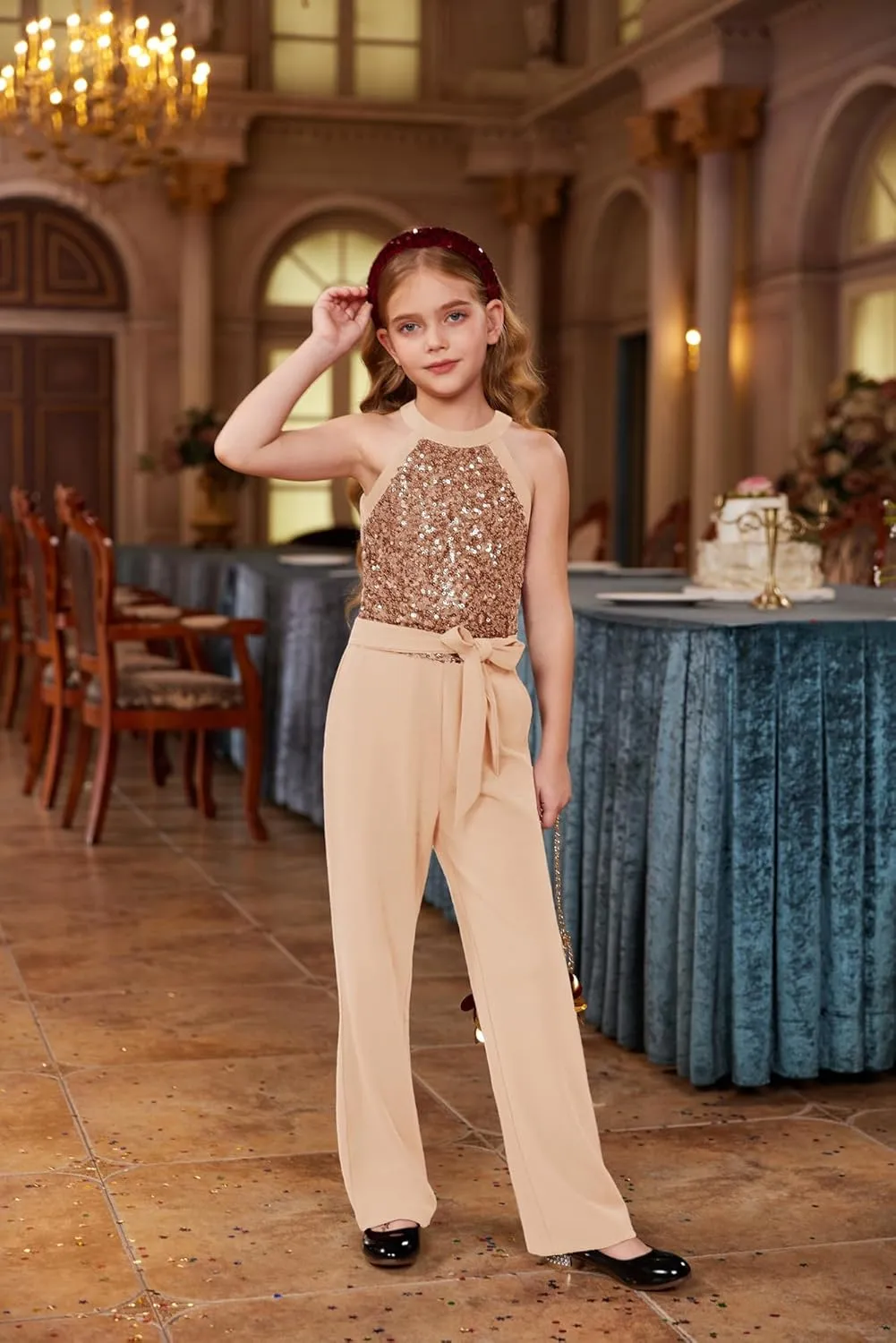 GRACE KARIN Girls Jumpsuit Tween Sequin Trendy Party Halter Shinny Dance Formal Romper Bodysuit 6-12