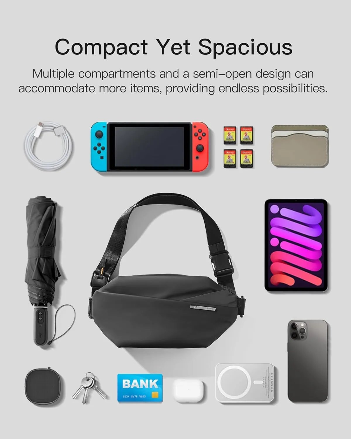 Inateck Sling Bag X, Multi-pocket Crossbody Shoulder Chest Bag with Adjustable Shoulder Strap, Water-resistant Waist Fanny Pack for Men, Women, Travel, Daily Use, Cycling, Hiking, Black, Large