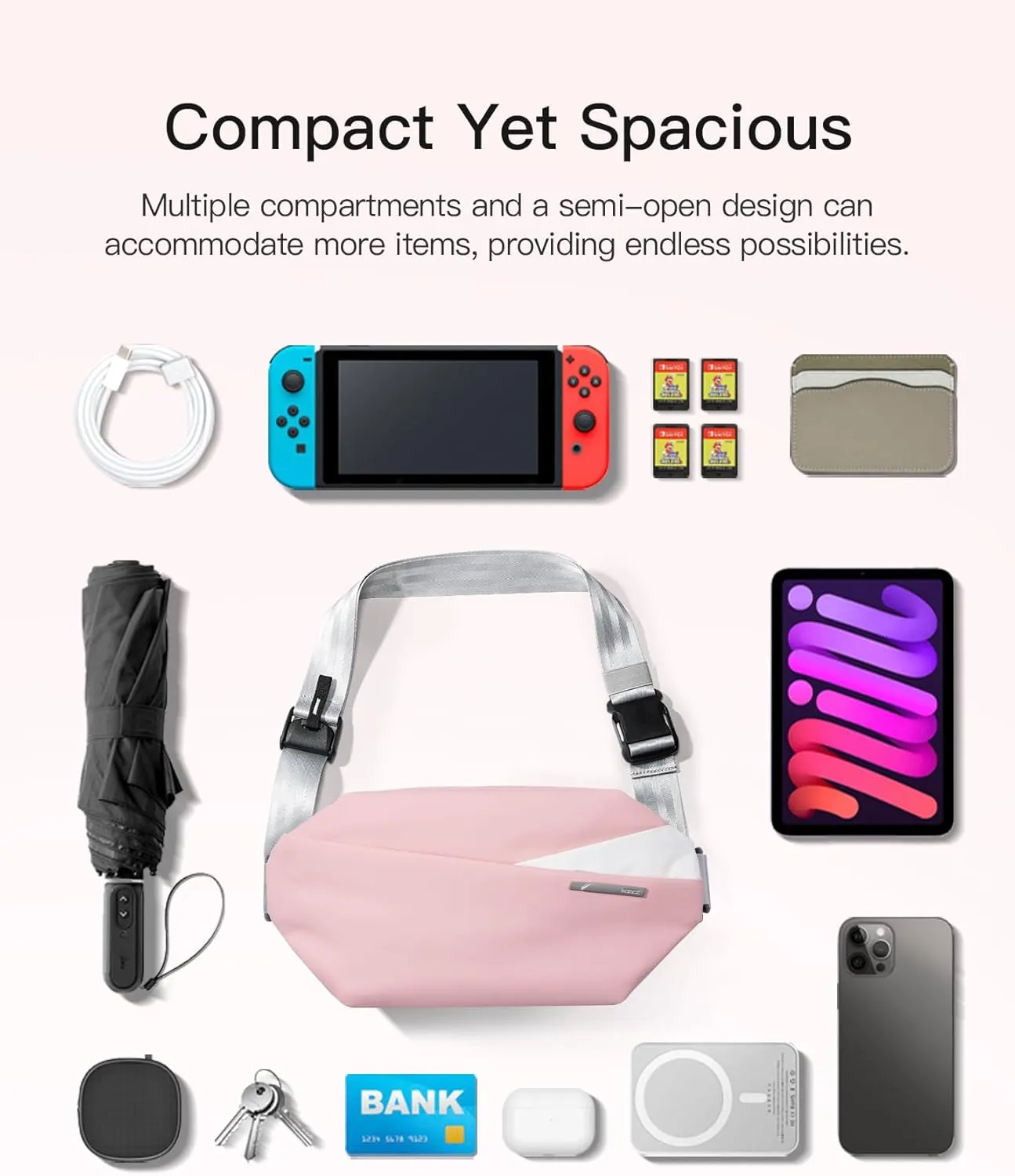 Inateck Sling Bag X, Multi-pocket Crossbody Shoulder Chest Bag with Adjustable Shoulder Strap, Water-resistant Waist Fanny Pack for Men, Women, Travel, Daily Use, Cycling, Hiking, Pink, Large