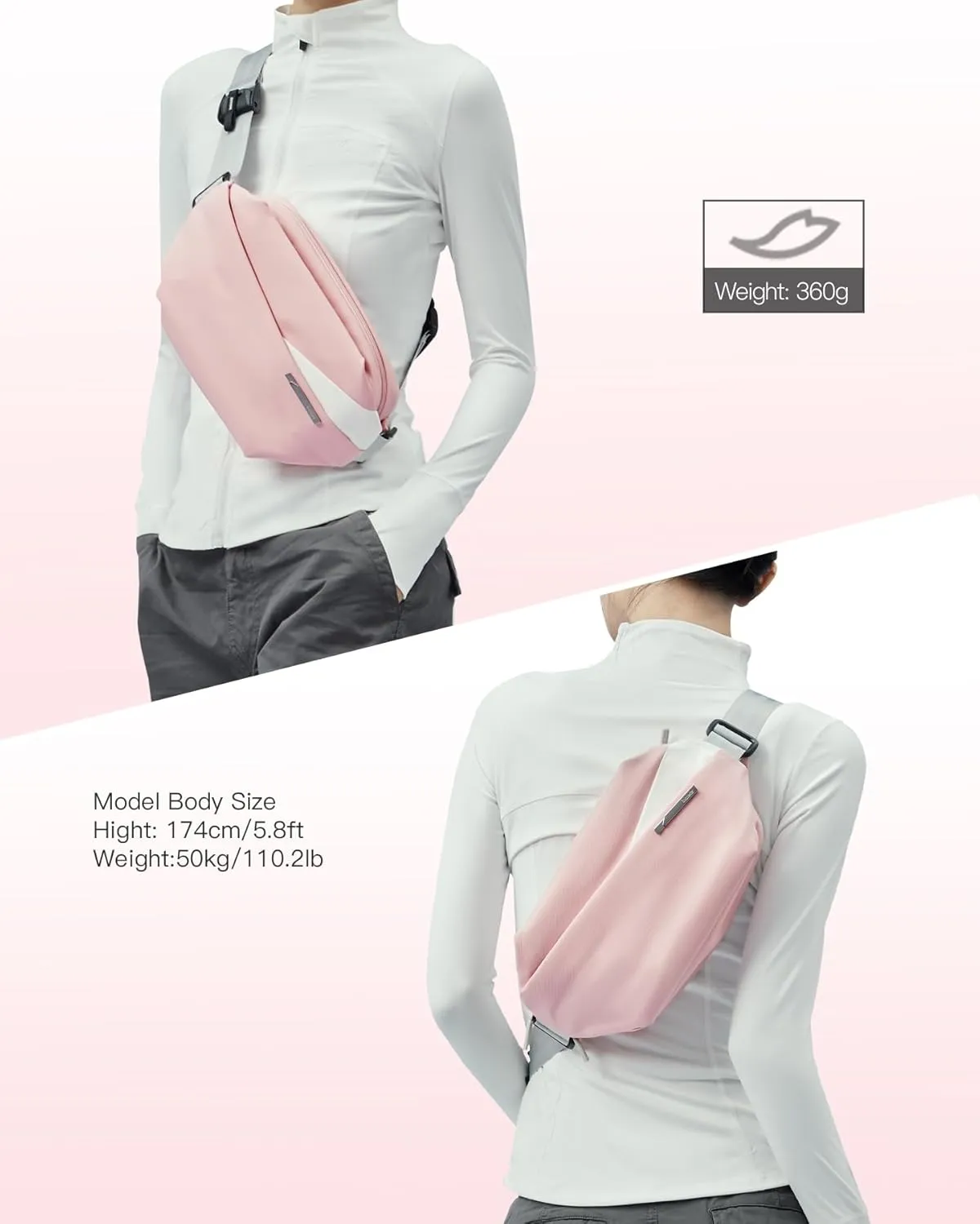 Inateck Sling Bag X, Multi-pocket Crossbody Shoulder Chest Bag with Adjustable Shoulder Strap, Water-resistant Waist Fanny Pack for Men, Women, Travel, Daily Use, Cycling, Hiking, Pink, Large
