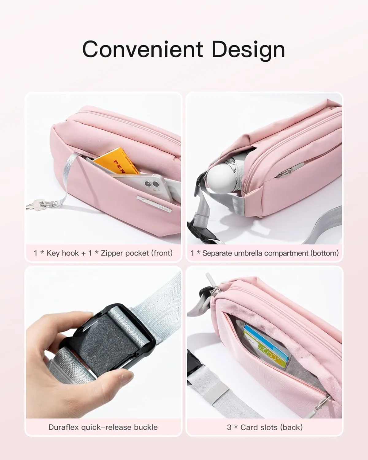 Inateck Sling Bag X, Multi-pocket Crossbody Shoulder Chest Bag with Adjustable Shoulder Strap, Water-resistant Waist Fanny Pack for Men, Women, Travel, Daily Use, Cycling, Hiking, Pink, Large