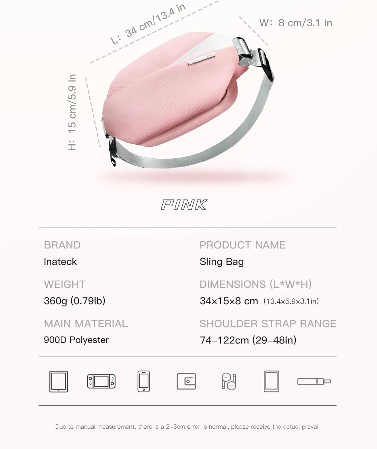 Inateck Sling Bag X, Multi-pocket Crossbody Shoulder Chest Bag with Adjustable Shoulder Strap, Water-resistant Waist Fanny Pack for Men, Women, Travel, Daily Use, Cycling, Hiking, Pink, Large
