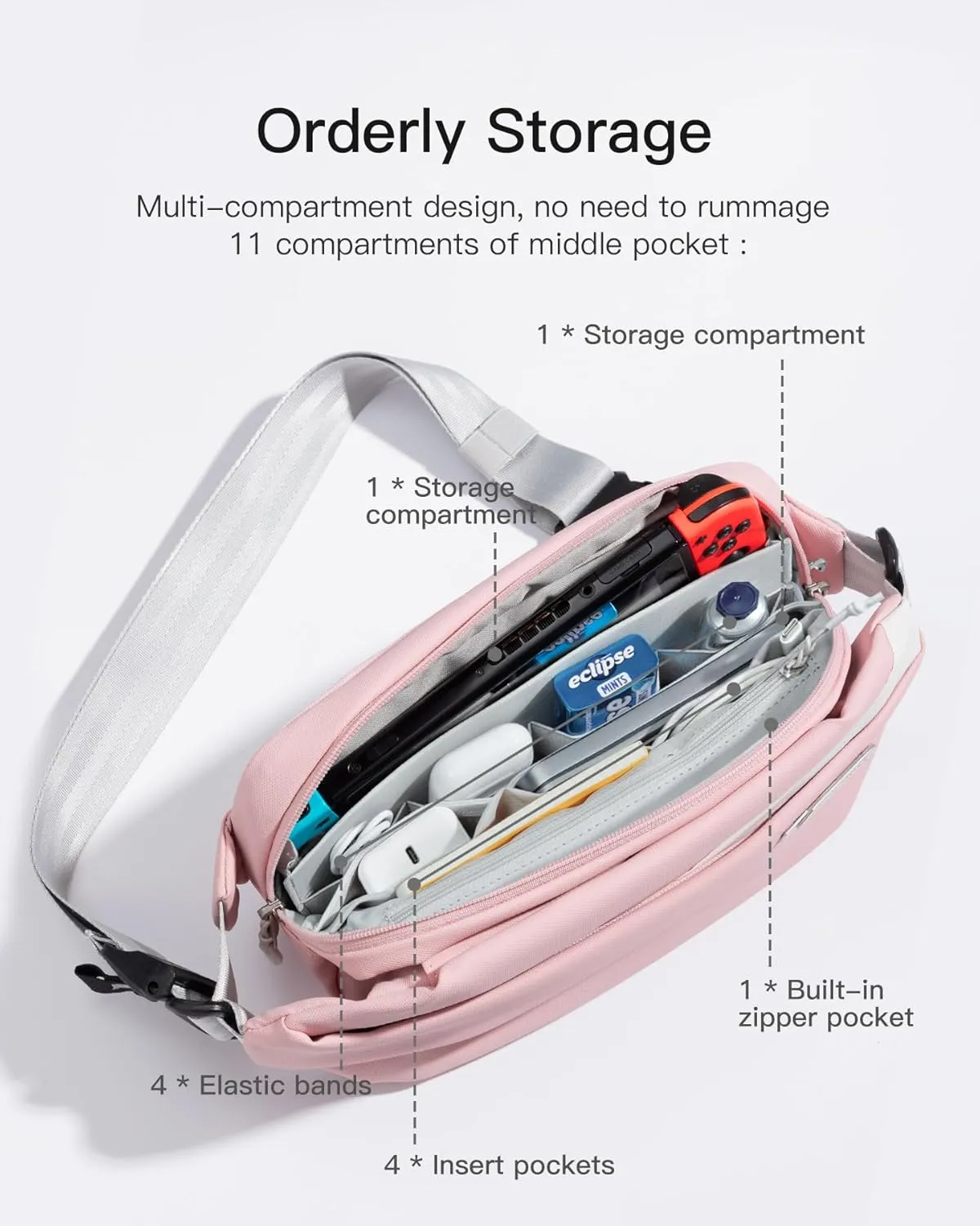 Inateck Sling Bag X, Multi-pocket Crossbody Shoulder Chest Bag with Adjustable Shoulder Strap, Water-resistant Waist Fanny Pack for Men, Women, Travel, Daily Use, Cycling, Hiking, Pink, Large