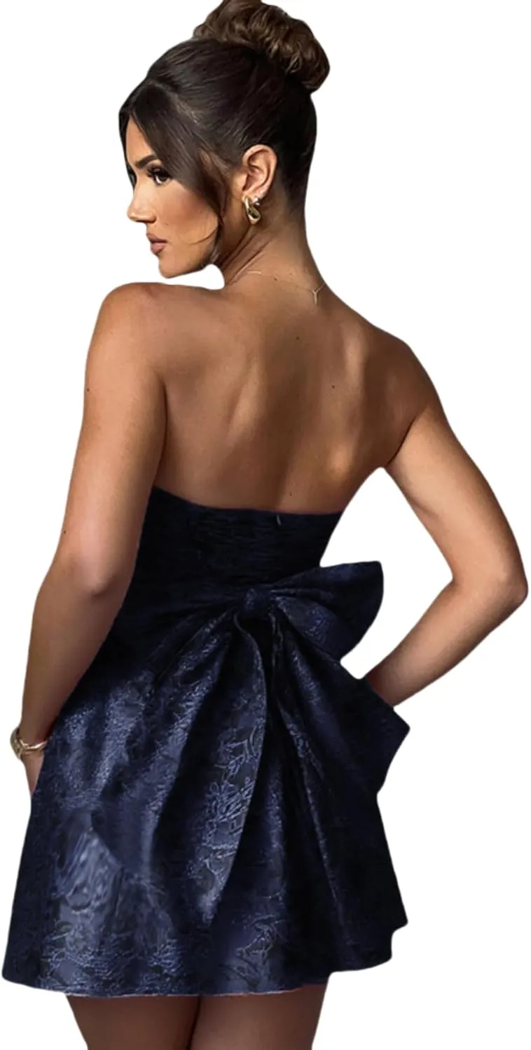 JUMISEE Embroidery Satin Homecoming Dress with Bow Modest Strapless Mini Dresses A Line Short Prom Dress Party Gown