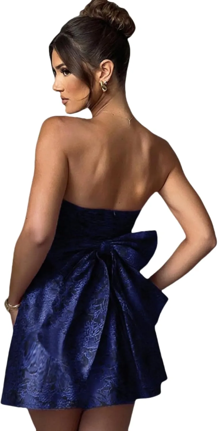 JUMISEE Embroidery Satin Homecoming Dress with Bow Modest Strapless Mini Dresses A Line Short Prom Dress Party Gown
