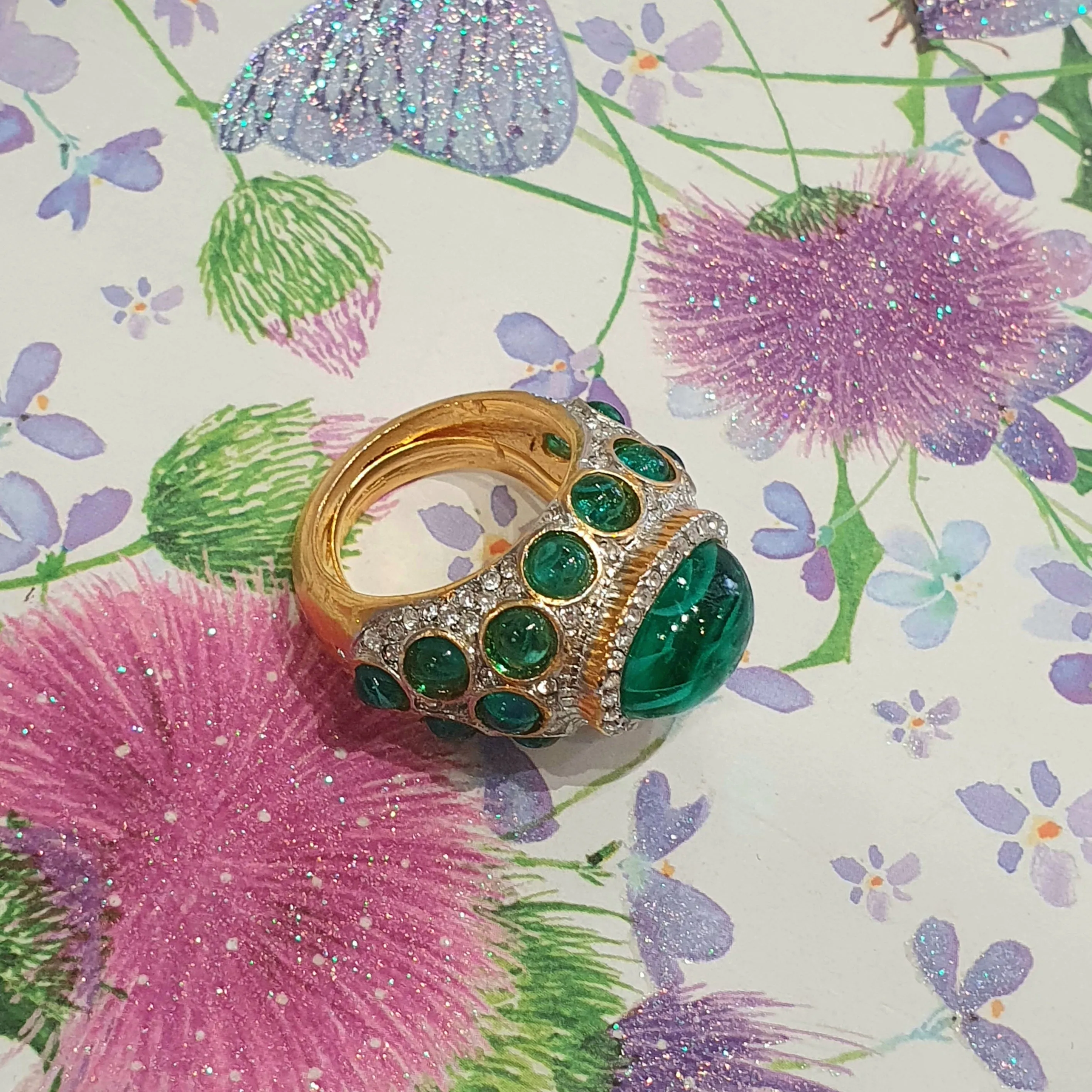 Kenneth Jay Lane Emerald Glass Statement ring