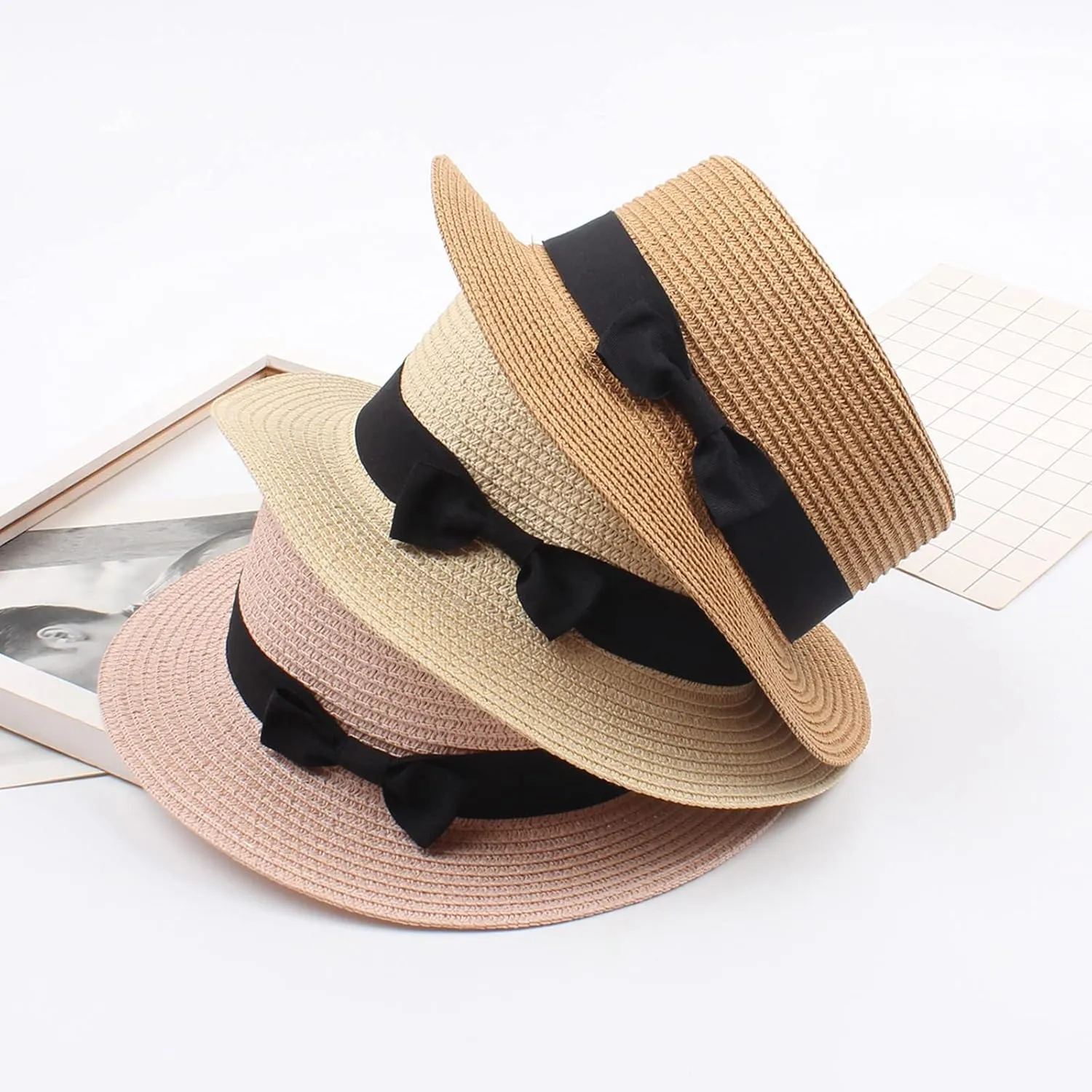 Kids Straw Hat - Summer Bow Fedora Straw Hat Wide Brim Floppy Beach Sun Hat Bucket Hat for Toddler Girls Boys