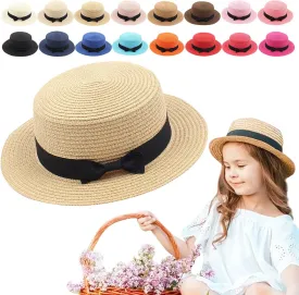Kids Straw Hat - Summer Bow Fedora Straw Hat Wide Brim Floppy Beach Sun Hat Bucket Hat for Toddler Girls Boys