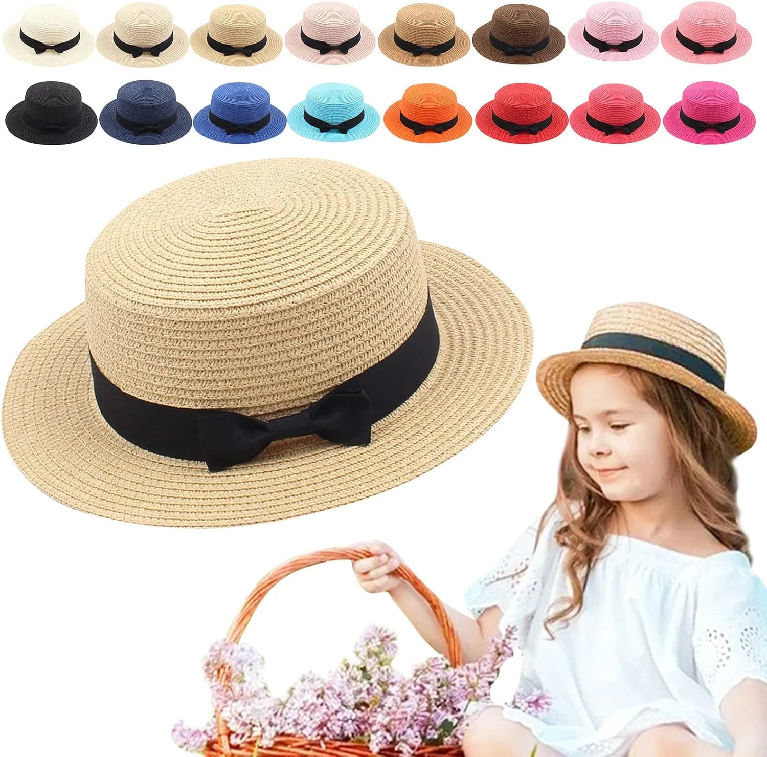 Kids Straw Hat - Summer Bow Fedora Straw Hat Wide Brim Floppy Beach Sun Hat Bucket Hat for Toddler Girls Boys