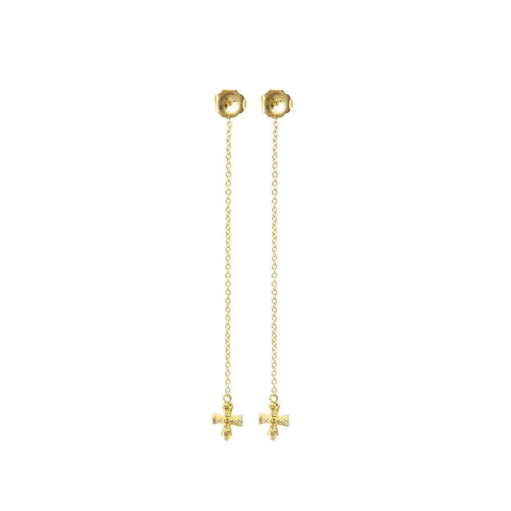 Long Drop Diamond Encrusted Cross Stud Earrings