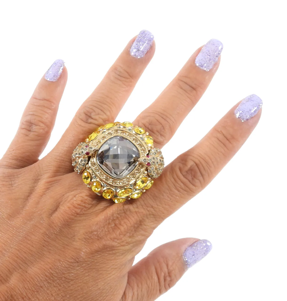 Michelle Monroe Yellow Crystal Gold Snake Statement Cocktail Ring - 9.25