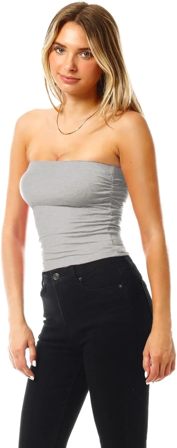 MixMatchy Women's 3 Pack Casual Summer Ruched Side Backless Double Layered Tube Top with Built in Shelf Bra