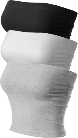 MixMatchy Women's 3 Pack Casual Summer Ruched Side Backless Double Layered Tube Top with Built in Shelf Bra